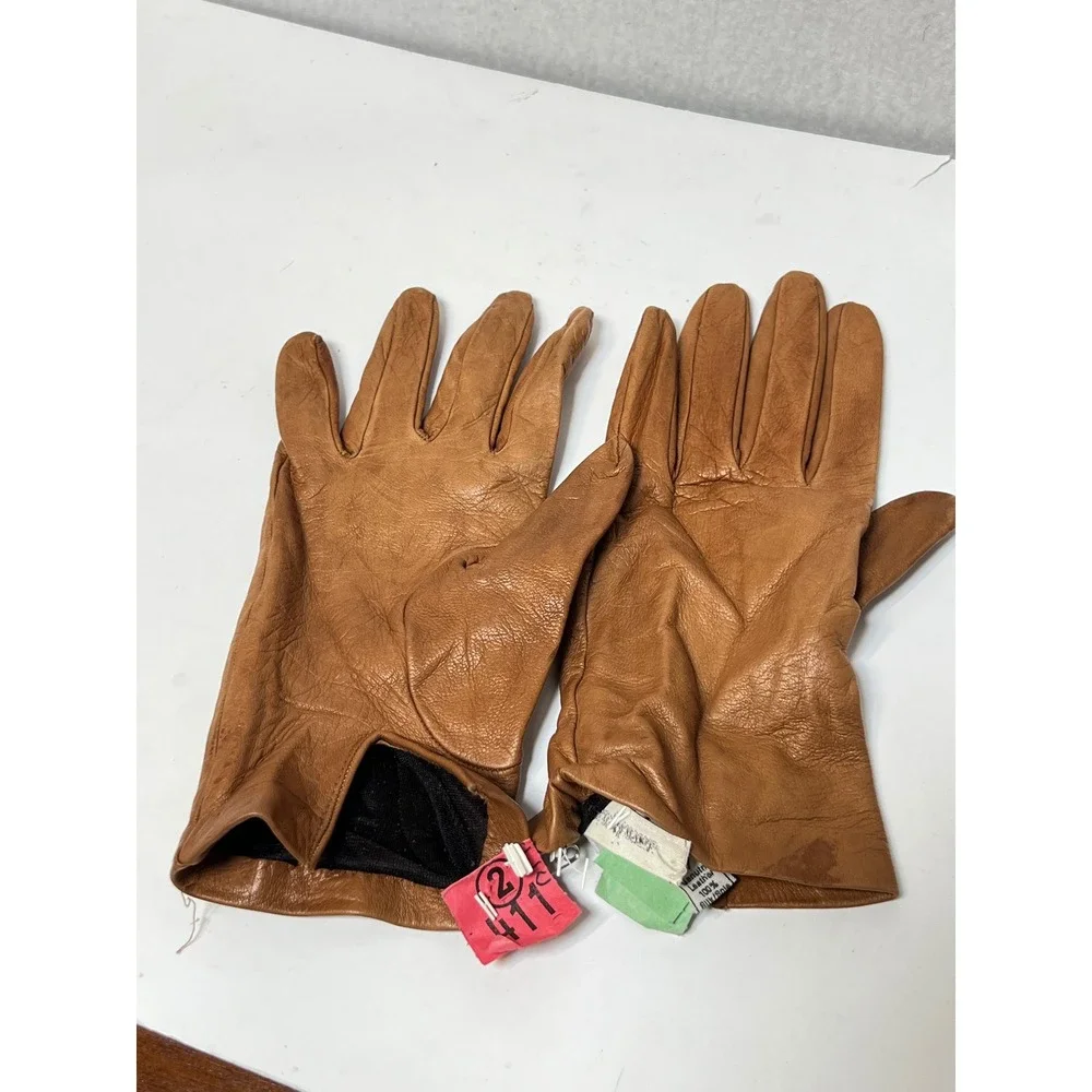 Neiman Marcus Womens Gloves Italian Leather Silk Lined 7 Tan Cognac Dress Luxury